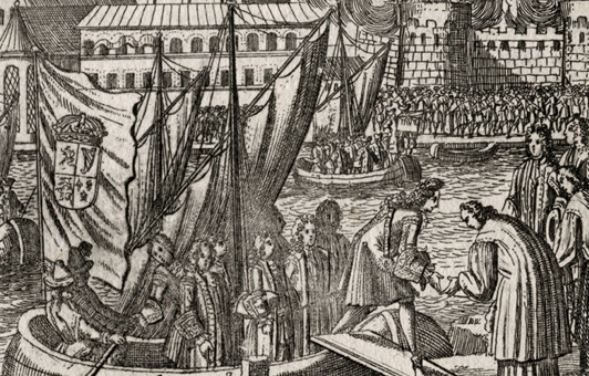 Ankunft des Kurfürsten Georg Ludwig in England im Jahre 1714. Bildbeschriftung in "Dame-Herzog-Kurfürst-König"